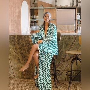 Alexandra Miro Green Checkered Chloe Gown Kaftan Resortwear size M